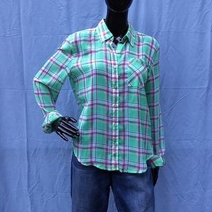 Green and pink plaid blouse